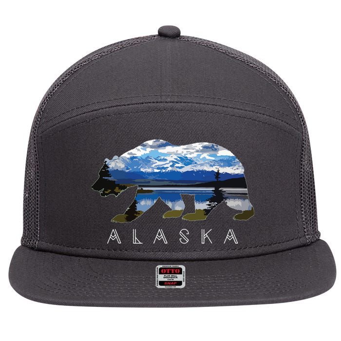 Alaskan Bear With Lake Mountain Souvenir 7 Panel Mesh Trucker Snapback Hat