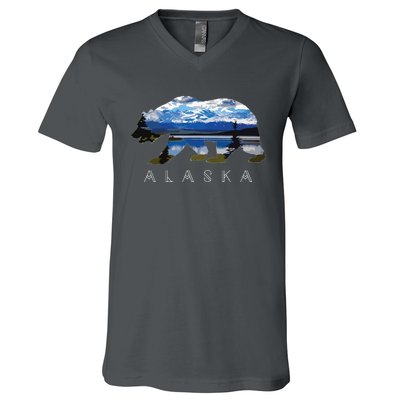 Alaskan Bear With Lake Mountain Souvenir V-Neck T-Shirt