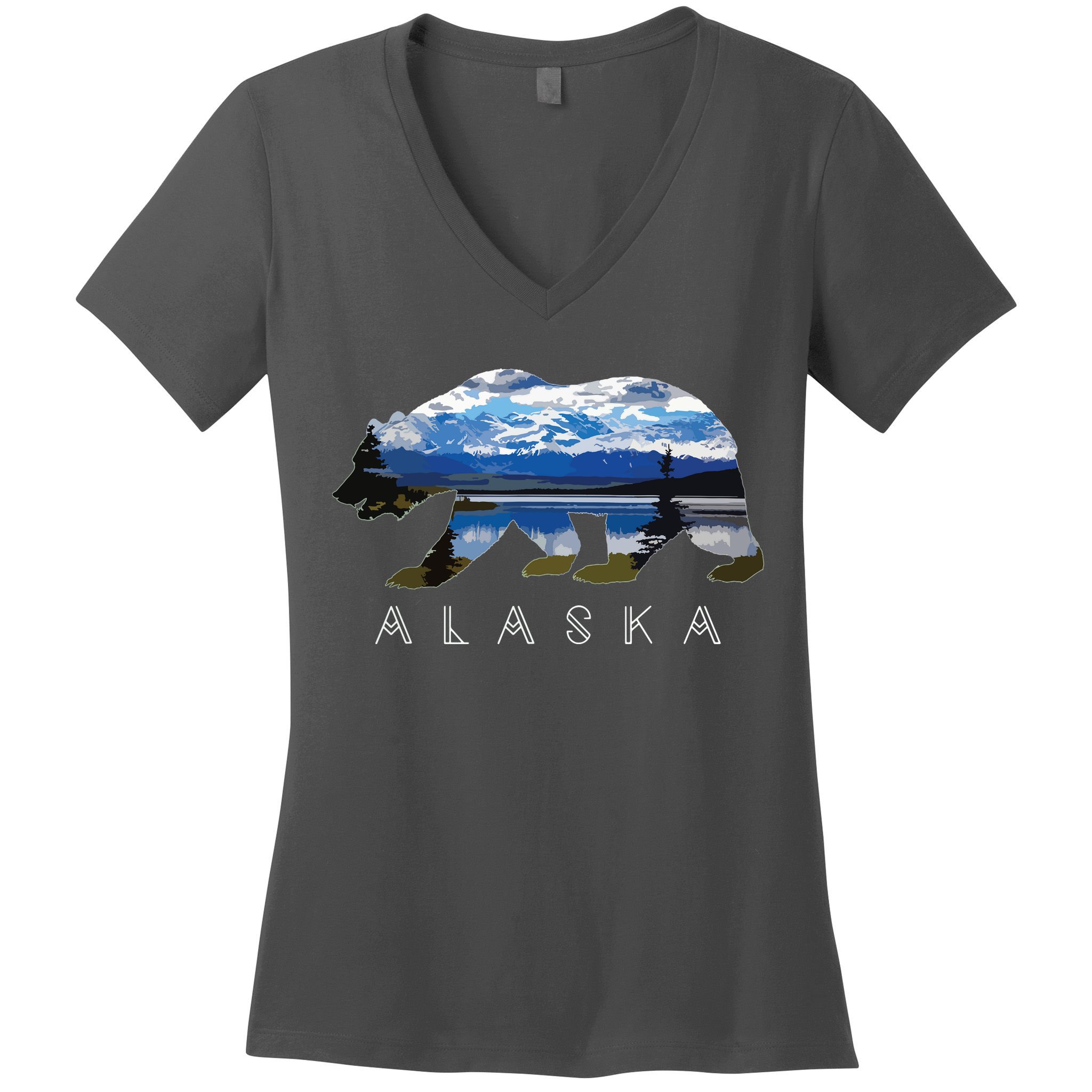 Alaskan Bear With Lake Mountain Souvenir Women's V-Neck T-Shirt
