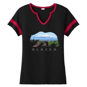 Alaskan Bear With Wildflowers Mountain Snow Ladies Halftime Notch Neck Tee