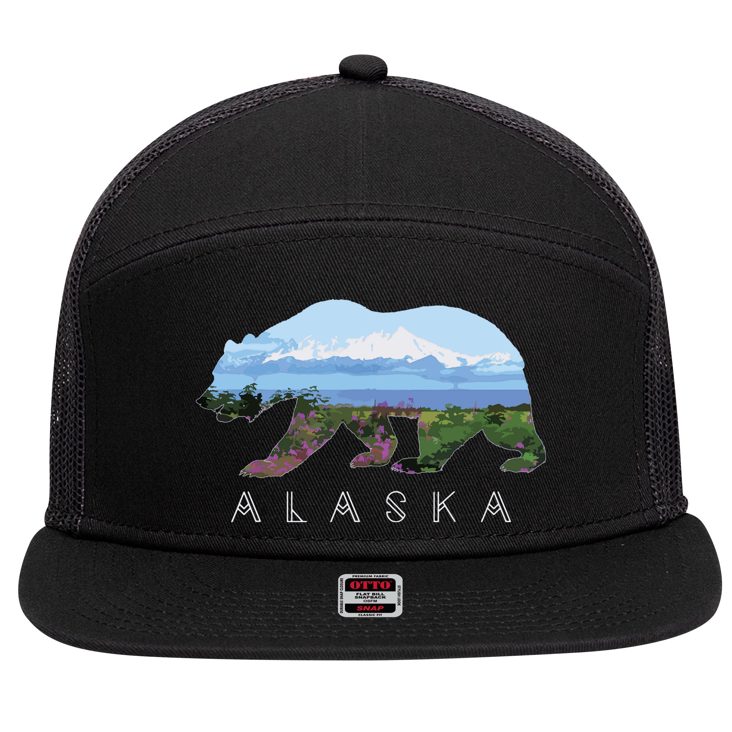 Alaskan Bear With Wildflowers Mountain Snow 7 Panel Mesh Trucker Snapback Hat