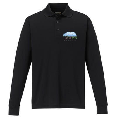 Alaskan Bear With Wildflowers Mountain Snow Performance Long Sleeve Polo