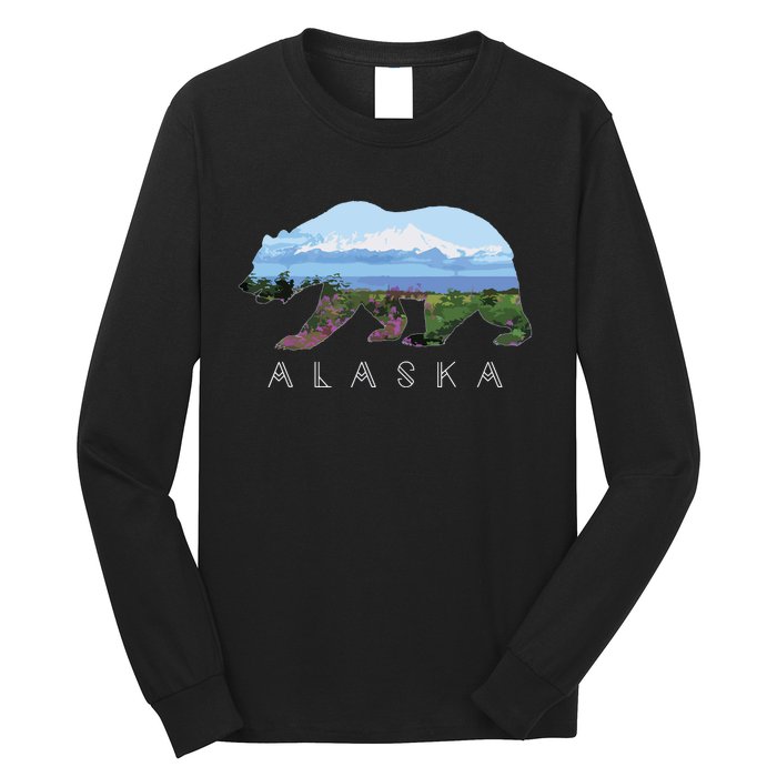 Alaskan Bear With Wildflowers Mountain Snow Long Sleeve Shirt