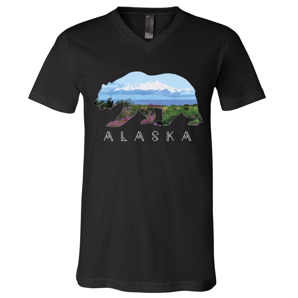 Alaskan Bear With Wildflowers Mountain Snow V-Neck T-Shirt
