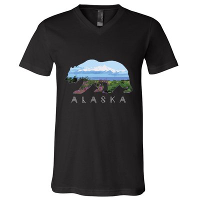 Alaskan Bear With Wildflowers Mountain Snow V-Neck T-Shirt