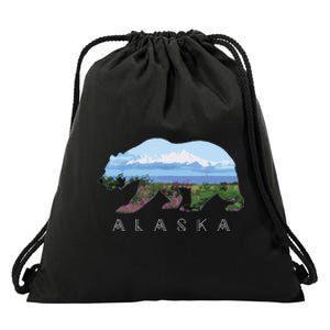 Alaskan Bear With Wildflowers Mountain Snow Drawstring Bag