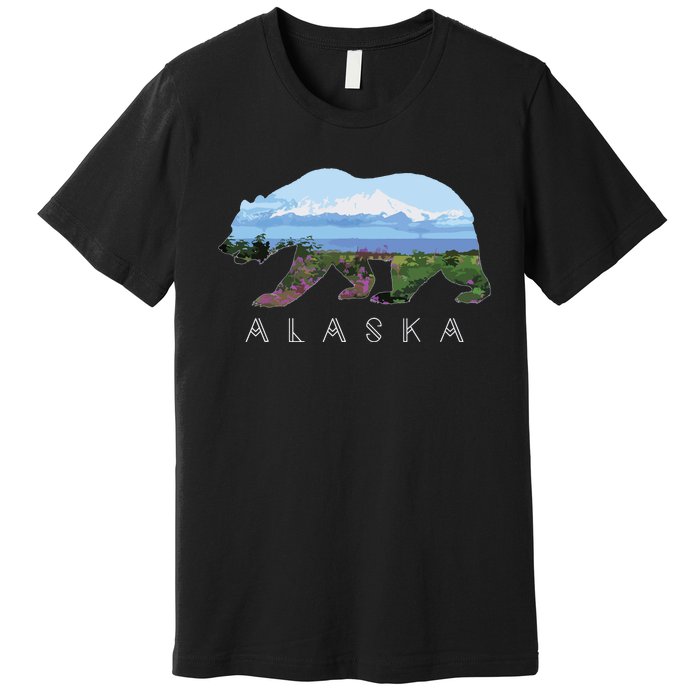 Alaskan Bear With Wildflowers Mountain Snow Premium T-Shirt