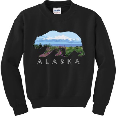 Alaskan Bear With Wildflowers Mountain Snow Kids Sweatshirt