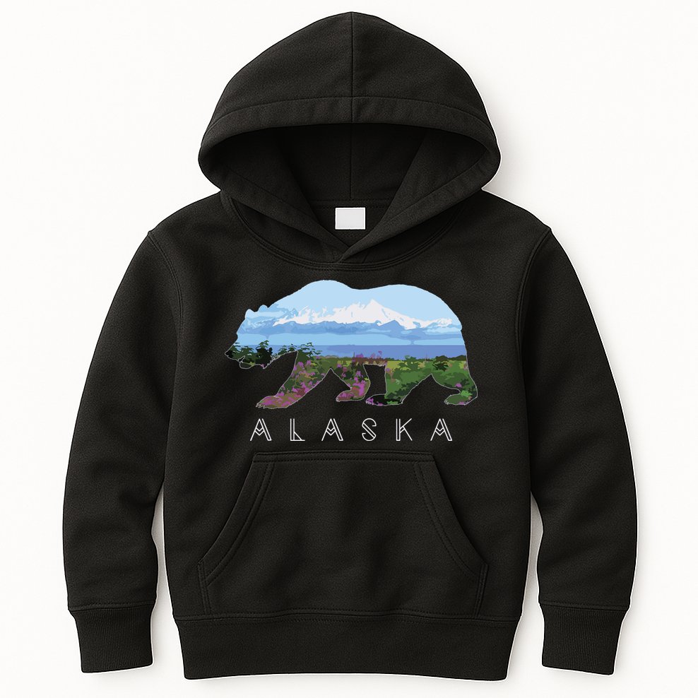 Alaskan Bear With Wildflowers Mountain Snow Kids Hoodie