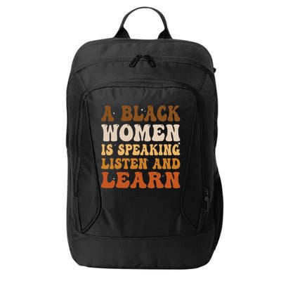 A Black Woman Is Speaking Listen And Learn City Backpack