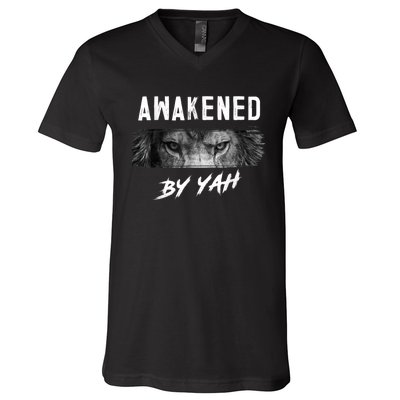 Awakened By Yah Hebrew Israelite Lion Of Judah Jewish V-Neck T-Shirt