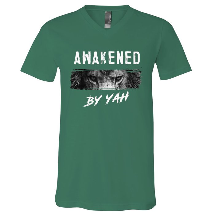 Awakened By Yah Hebrew Israelite Lion Of Judah Jewish V-Neck T-Shirt