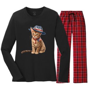 American Cat 4th Of July Cat Patriotic Cats Abyssinian Kitten Women's Long Sleeve Flannel Pajama Set 