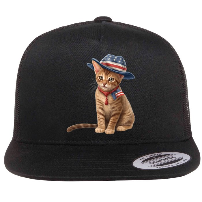 American Cat 4th Of July Cat Patriotic Cats Abyssinian Kitten Flat Bill Trucker Hat