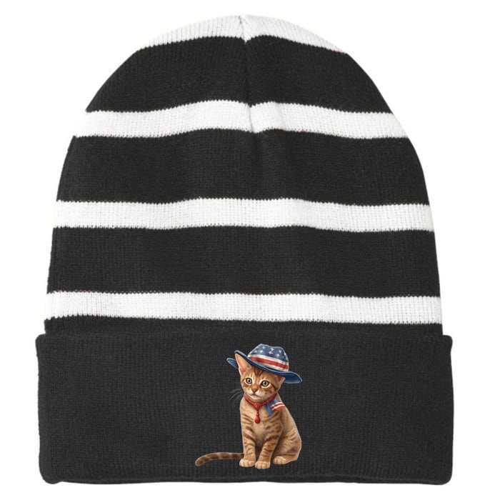 American Cat 4th Of July Cat Patriotic Cats Abyssinian Kitten Striped Beanie with Solid Band