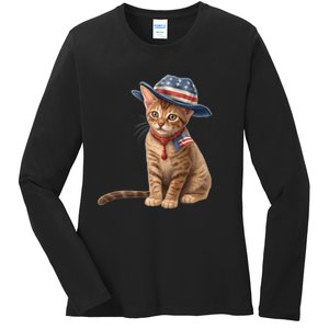 American Cat 4th Of July Cat Patriotic Cats Abyssinian Kitten Ladies Long Sleeve Shirt