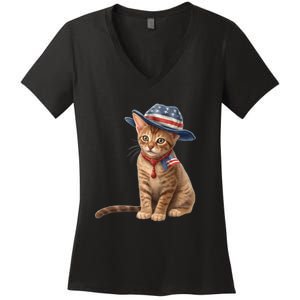 American Cat 4th Of July Cat Patriotic Cats Abyssinian Kitten Women's V-Neck T-Shirt