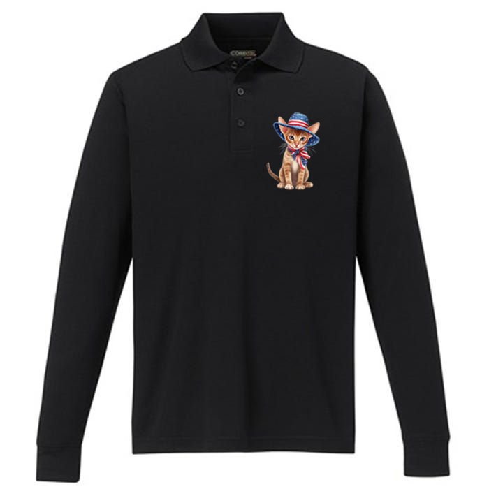 American Cat 4th Of July Cat Patriotic Cats Abyssinian Kitten Performance Long Sleeve Polo