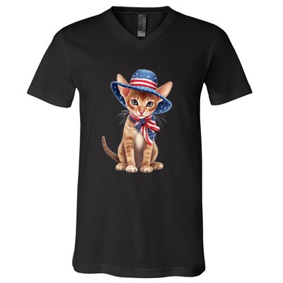 American Cat 4th Of July Cat Patriotic Cats Abyssinian Kitten V-Neck T-Shirt