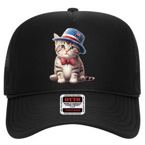 American Cat 4th Of July Cat Patriotic Cats American Shorthair Kitten High Crown Mesh Back Trucker Hat