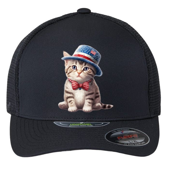 American Cat 4th Of July Cat Patriotic Cats American Shorthair Kitten Flexfit Unipanel Trucker Cap