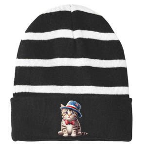 American Cat 4th Of July Cat Patriotic Cats American Shorthair Kitten Striped Beanie with Solid Band