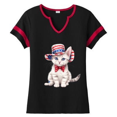 American Cat 4th Of July Cat Patriotic Cats American Shorthair Kitten Ladies Halftime Notch Neck Tee