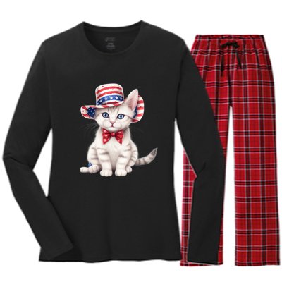 American Cat 4th Of July Cat Patriotic Cats American Shorthair Kitten Women's Long Sleeve Flannel Pajama Set 