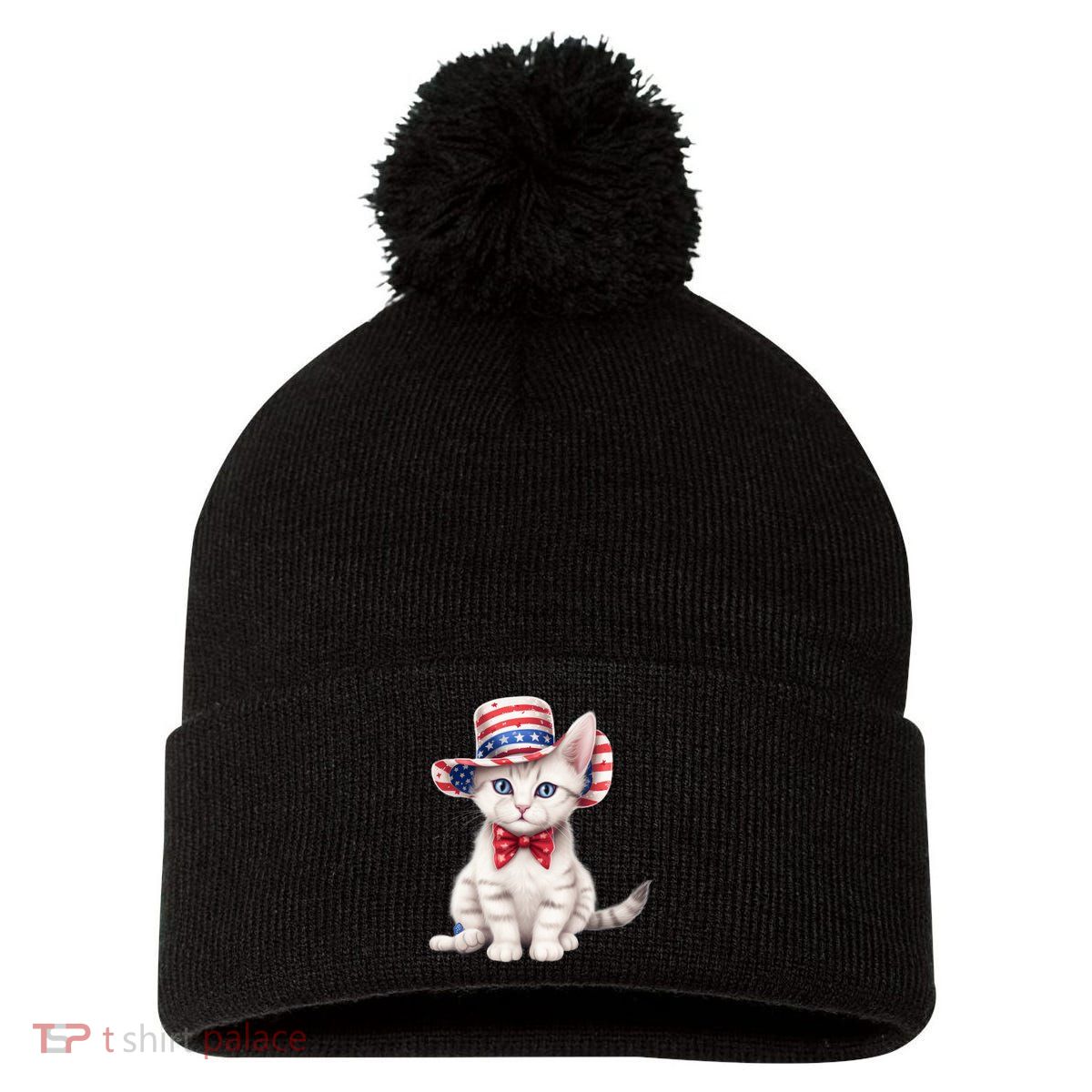 American Cat 4th Of July Cat Patriotic Cats American Shorthair Kitten Pom Pom 12in Knit Beanie