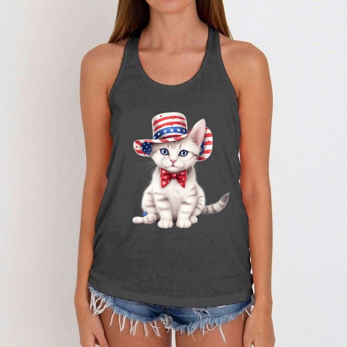 American Cat 4th Of July Cat Patriotic Cats American Shorthair Kitten Women's Knotted Racerback Tank