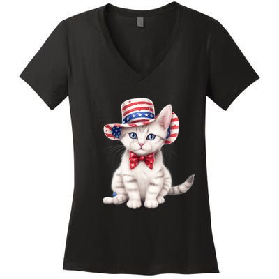 American Cat 4th Of July Cat Patriotic Cats American Shorthair Kitten Women's V-Neck T-Shirt