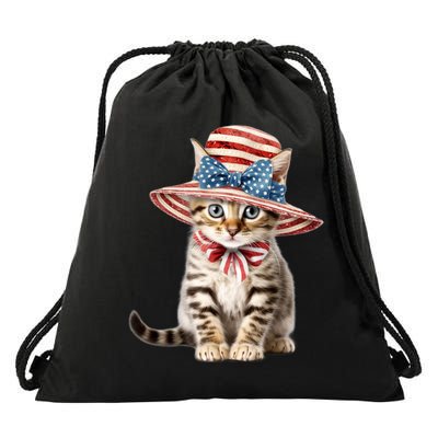 American Cat 4th Of July Cat Patriotic Cats Bengal Kitten Drawstring Bag