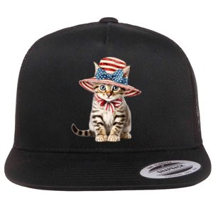 American Cat 4th Of July Cat Patriotic Cats Bengal Kitten Flat Bill Trucker Hat