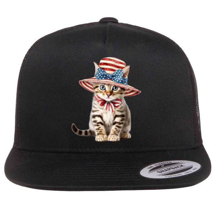 American Cat 4th Of July Cat Patriotic Cats Bengal Kitten Flat Bill Trucker Hat