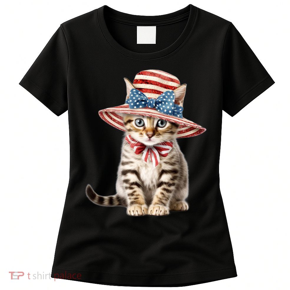 American Cat 4th Of July Cat Patriotic Cats Bengal Kitten Womens T-Shirt