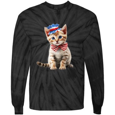 American Cat 4th Of July Cat Patriotic Cats Bengal Kitten Tie-Dye Long Sleeve Shirt