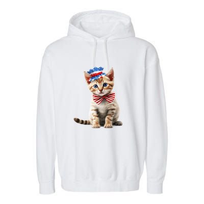 American Cat 4th Of July Cat Patriotic Cats Bengal Kitten Garment-Dyed Fleece Hoodie