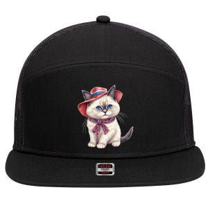 American Cat 4th Of July Cat Patriotic Cats Birman Kitten 7 Panel Mesh Trucker Snapback Hat