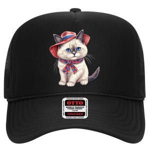 American Cat 4th Of July Cat Patriotic Cats Birman Kitten High Crown Mesh Back Trucker Hat