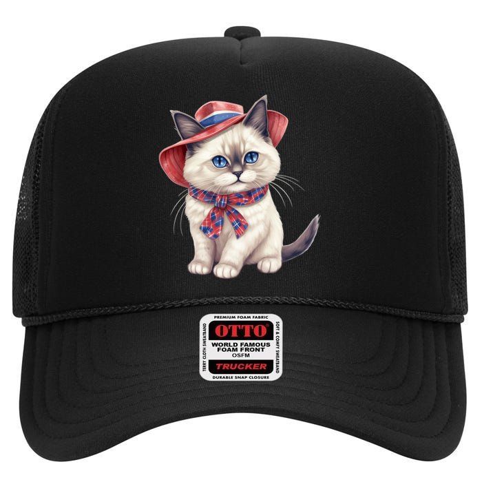 American Cat 4th Of July Cat Patriotic Cats Birman Kitten High Crown Mesh Back Trucker Hat