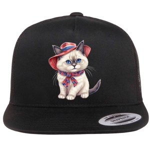 American Cat 4th Of July Cat Patriotic Cats Birman Kitten Flat Bill Trucker Hat