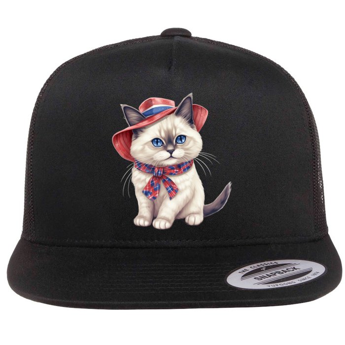 American Cat 4th Of July Cat Patriotic Cats Birman Kitten Flat Bill Trucker Hat