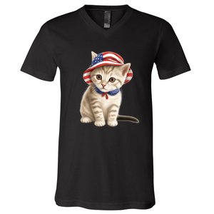 American Cat 4th Of July Cat Patriotic Cats Siberian Kitten V-Neck T-Shirt