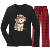 American Cat 4th Of July Cat Patriotic Cats Siberian Kitten Women's Long Sleeve Flannel Pajama Set 