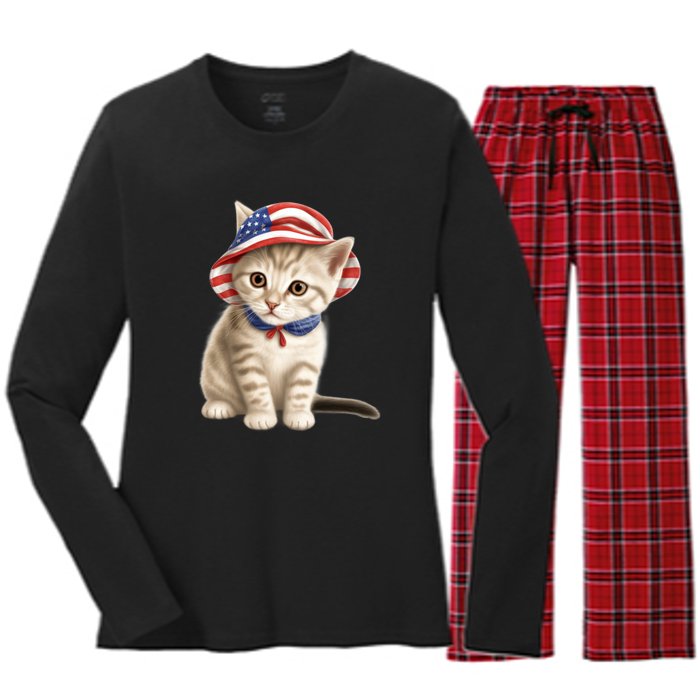 American Cat 4th Of July Cat Patriotic Cats Siberian Kitten Women's Long Sleeve Flannel Pajama Set 