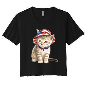 American Cat 4th Of July Cat Patriotic Cats Siberian Kitten Women's Crop Top Tee