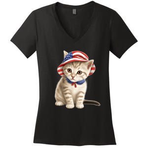 American Cat 4th Of July Cat Patriotic Cats Siberian Kitten Women's V-Neck T-Shirt