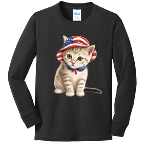 American Cat 4th Of July Cat Patriotic Cats Siberian Kitten Kids Long Sleeve Shirt