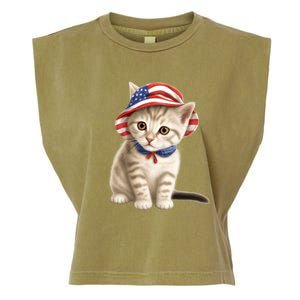 American Cat 4th Of July Cat Patriotic Cats Siberian Kitten Garment-Dyed Women's Muscle Tee