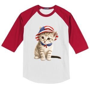 American Cat 4th Of July Cat Patriotic Cats Siberian Kitten Kids Colorblock Raglan Jersey